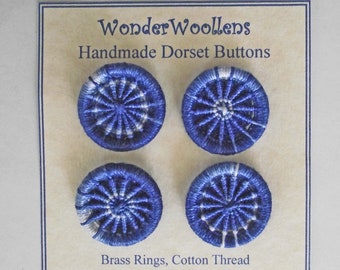 Dorset Buttons or Embellishments, Four x 2.6cm, Handmade from Variegated Blue Cotton Thread & Brass Rings, FREE UK SHIPPING!