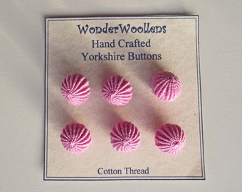 Yorkshire Buttons, Embellishments, Hand Crafted with Pink Cotton Thread, Set of Six Spherical, FREE UK SHIPPING!