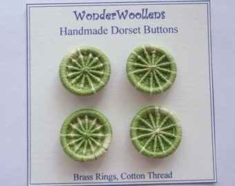 Dorset Buttons or Embellishments, Four x 2.6cm, Handmade from Variegated Green Cotton Thread & Brass Rings, FREE UK SHIPPING!