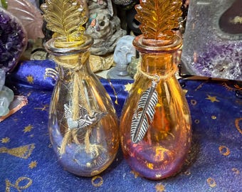 Vintage witchy glass bottles leaves brown gold