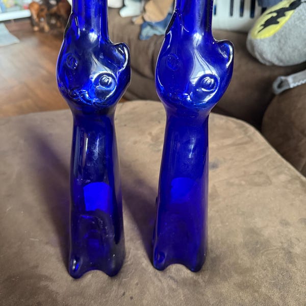 Vintage Blue cobalt glass Moon water Cat bottle