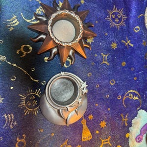Vintage metal Celestial, Whimsical Sunburst and Moon with stars candle holders