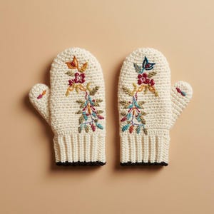 May include: A pair of cream-colored mittens with embroidered floral and butterfly designs. The mittens have a ribbed cuff and are adorned with colorful thread in shades of red, orange, blue, and green. The background is a solid tan color.