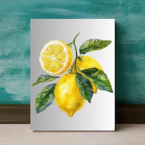 May include: Watercolor painting of lemons on a branch with green leaves. One lemon is sliced in half, revealing the juicy interior. The lemons are a bright yellow, and the leaves are a mix of green shades. The artwork is displayed on a white background.