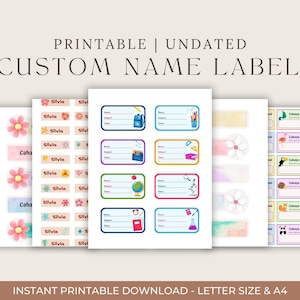 以下が含まれることがあります： 印刷可能な、日付なしのカスタムネームラベル。花柄、水彩画、学校をテーマにしたデザインなどがあります。ラベルはレターサイズとA4サイズで利用できます。ラベルのテキストには「名前」と「件名」という単語が含まれています。