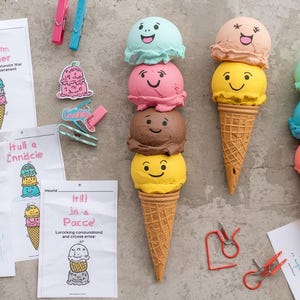 May include: Three ice cream cones with smiling faces, each with three scoops of different colors. The scoops are pastel colors: blue, pink, brown, yellow, and peach. Paper with text and illustrations of ice cream cones are also in the image.