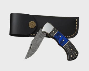 Handmade Damascus Steel Folding Knife With Leather Sheath