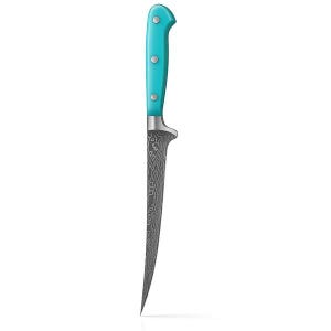 May include: A carving knife with a teal handle and a patterned blade. The handle has three silver rivets. The blade has a curved shape and a textured, dark gray pattern. The knife is designed for precision cutting.