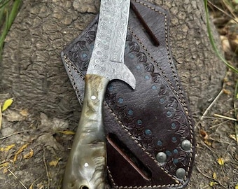 Handgjord Bull Cutter Knife i Ramshornshandtag med läderslida
