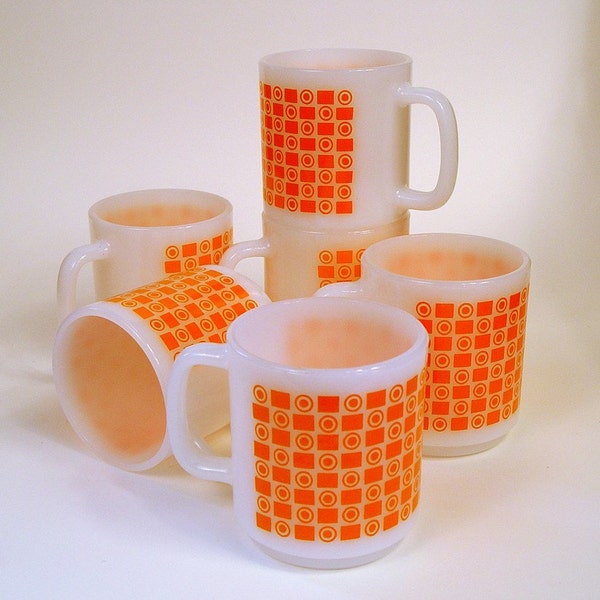 Milk Glass Coffee Cups Orange Targets Op Art Vintage Mod Retro Coffee Cups Set of Six