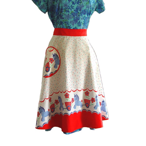 Vintage Apron 1950s SWEETHEART Womens Apron Pony Carts and Flower Pots Round Pocket Red Sash