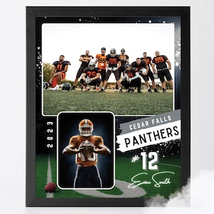 May include: A framed photo collage featuring a football team in action. The collage includes a close-up of a player in a black and orange uniform holding a football. The text "CEDAR FALLS PANTHERS #12 Evan Smith" is displayed on the collage.