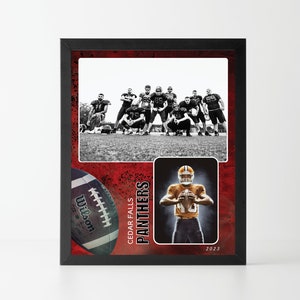 May include: A framed collage featuring a black and white photo of a football team, a close-up of a football, and a player in uniform. The team photo is labeled "Cedar Falls Panthers".