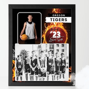 May include: A framed collage featuring a basketball player in a white jersey with the number 23, a basketball with flames, and a black and white photo of a basketball team. The text "OREGON TIGERS" is at the top of the collage.