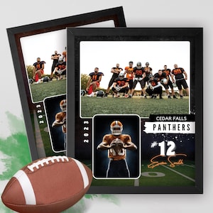 May include: A black framed photo collage featuring a football team in a group photo, a single player in action, and a team logo with the text "CEDAR FALLS PANTHERS #12 Evan Smith".