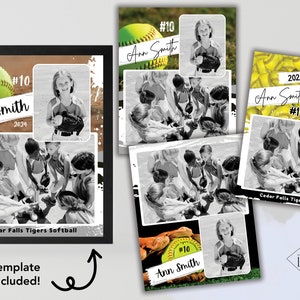 May include: Four different softball team photo templates with a black and white photo of a team huddled together, a softball player holding a bat, and a softball. The templates have a brown, green, and yellow background with the text "Ann Smith" and "#10" on each.