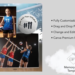 Puede incluir: Una plantilla de voleibol para Canva con una foto de una jugadora de voleibol femenina con una camiseta azul con el n&uacute;mero 11. La plantilla tambi&eacute;n incluye un bal&oacute;n de voleibol con el texto "Cedar Falls Tigers Volleyball #11". La plantilla es personalizable y requiere Canva Premium.