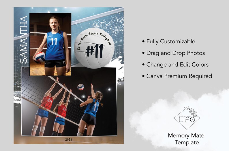 Puede incluir: Una plantilla de voleibol para Canva con una foto de una jugadora de voleibol femenina con una camiseta azul con el n&uacute;mero 11. La plantilla tambi&eacute;n incluye un bal&oacute;n de voleibol con el texto "Cedar Falls Tigers Volleyball #11". La plantilla es personalizable y requiere Canva Premium.