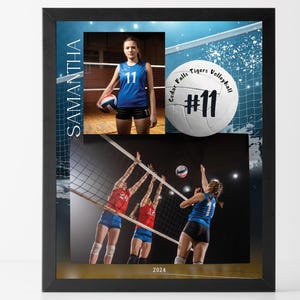 Puede incluir: Un collage enmarcado con una jugadora de voleibol con una camiseta azul con el n&uacute;mero 11, un bal&oacute;n de voleibol con el texto "Cedar Falls Tigers Volleyball #11" y un grupo de jugadoras de voleibol en acci&oacute;n. El collage tiene un fondo azul y blanco con una red y estrellas.