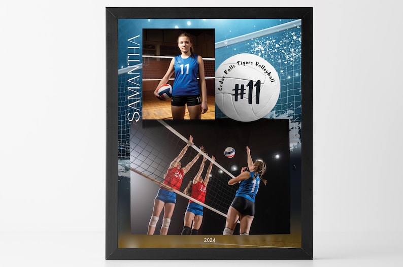 Puede incluir: Un collage enmarcado con una jugadora de voleibol con una camiseta azul con el n&uacute;mero 11, un bal&oacute;n de voleibol con el texto "Cedar Falls Tigers Volleyball #11" y un grupo de jugadoras de voleibol en acci&oacute;n. El collage tiene un fondo azul y blanco con una red y estrellas.