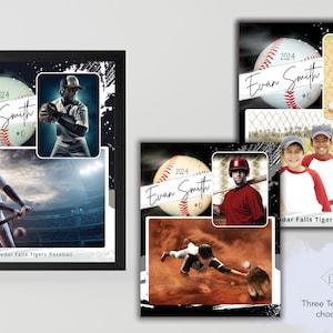 Pode incluir: Modelos de fotos com tema de beisebol com fotos de ação e retratos. Cada modelo inclui uma bola de beisebol com o ano de 2024, o nome "Evan Smith" e o número 10. A frase "Cedar Falls Tigers Baseball" também é visível.