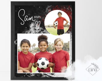 Plantilla de memoria de fútbol: Foto deportiva con purpurina roja (Canva Pro)