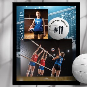 Puede incluir: Un collage de fotos con una jugadora de voleibol. La foto de arriba muestra a la jugadora con un uniforme azul y blanco con el n&uacute;mero 11. La foto de abajo muestra a la jugadora en acci&oacute;n durante un partido. El texto "Cedar Falls Tigers Volleyball #11" es visible en el collage.