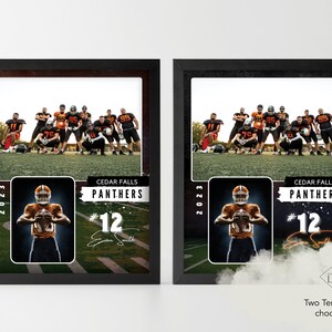 Op de afbeelding: Twee ingelijste voetbalteamfoto's met een zwarte achtergrond. De bovenste foto toont een team van voetballers in hun uniformen. De onderste foto toont een enkele speler in een voetbaluniform met de tekst "CEDAR FALLS PANTHERS #12" en het jaar "2023".