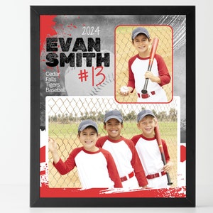 Puede incluir: Un collage de fotos enmarcado con un joven jugador de béisbol. El collage incluye un primer plano del jugador sosteniendo un bate, una foto de grupo de tres jugadores y un texto que dice "Evan Smith #13 Cedar Falls Tigers Baseball 2024".