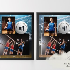 Puede incluir: Dos plantillas de fotos de equipo de voleibol con tem&aacute;tica de voleibol. La primera plantilla presenta a una jugadora de voleibol con una camiseta azul con el n&uacute;mero 11. La segunda plantilla presenta a un grupo de jugadoras de voleibol en acci&oacute;n. Ambas plantillas tienen un fondo azul y blanco con el texto "Cedar Falls Tigers Volleyball #11" y el a&ntilde;o 2024.