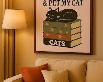 Cat and Books Art Print: Whimsical Reading Nook Decor  (Digital Download Jpeg File)