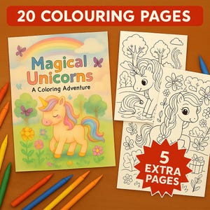 Unicorn Coloring Book - 20 Fun Pages for Girls Ages 3-8 - Printable PDF and PNG - Instant Download