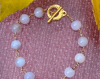Chalcedony Bracelet with 14KY gold hand wrapped wire beads and gold filled hammered toggle