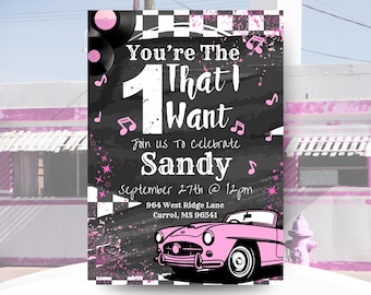 You&#39;re The ONE That I Want - Grease Themed Birthday Party - 1st Birthday - Easy Edit - Canva Download - Pink Ladies - Retro - 1950&#39;s - Pink