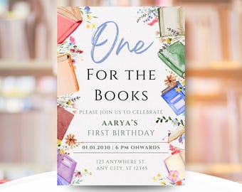 ONE FOR THE Books - Book Birthday Invitation - Unique and Cute Theme - 1st Birthday - Reading Party - Easy Edit - Canva Download - Invite