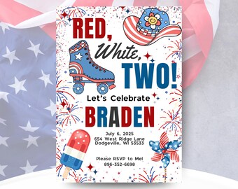 May include: A patriotic invitation with the text "Red, White, TWO!" features a blue roller skate, a cowboy hat, and a popsicle. The invitation is for Braden's birthday on July 6, 2025.