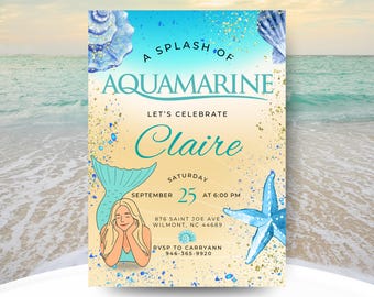 AQUAMARINE BIRTHDAY INVITE - Easy Edit - Canva Download - Evite Option - Sand and Waves - Throwback - Mermaid - Birthday Party - Party Theme