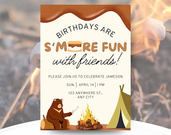 S&#39;MORE FUN WITH Friends - Birthday Theme - Any Age - Outdoor Adventure Fun Theme - Easy Edit - Canva Download - Birthday Invitation - S&#39;more