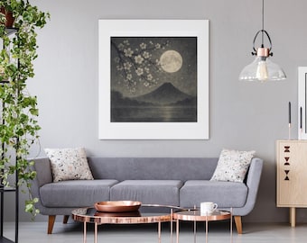 Impressão artística do Monte Fuji para parede, arte imprimível de flor de cerejeira japonesa, decoração de parede zen Sakura, download digital Wabi Sabi Japandi