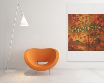 Japanese Halloween Autumn Wall Art, Maple Leaves Torii Print, Mt Fuji Shrine Decor, Printable Wall Art, Digital Download