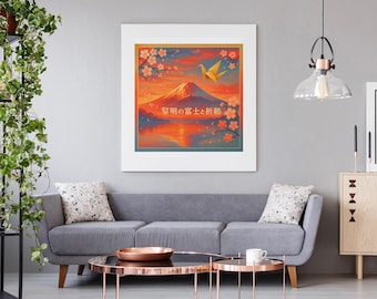 Goldener Origami-Kranich am Fuße des Fuji, Japanischer Kirschblüten-Sonnenuntergangsdruck, Sakura-Zen-Dekor, Japanisches Kunstdruck-Download
