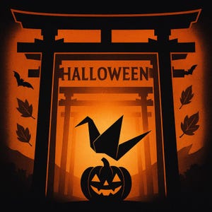 May include: A Halloween-themed graphic featuring a black Torii gate with the word "HALLOWEEN" above a jack-o'-lantern and origami crane. Bats and leaves are silhouetted against an orange background.