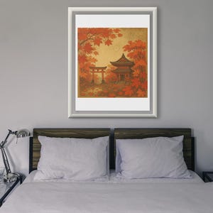 Wandbild, Japanischer Tempel und Torii im Herbst - Traditionelle Schrein-Wandkunst mit roten Ahornblättern, Herbstlaub und Zen-Atmosphäre