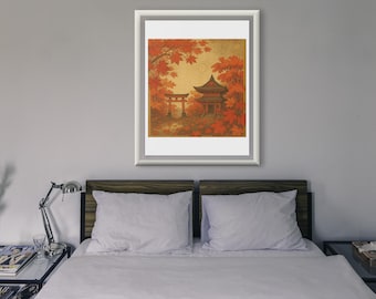 Japanese Temple Wall Art: Autumn Shrine & Torii Gate (Digital Download)