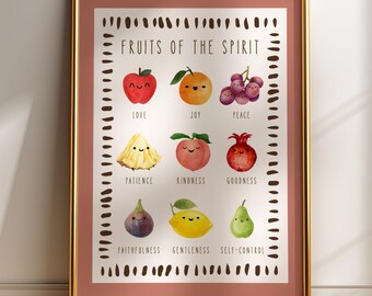 Decorazione murale cristiana per la cameretta dei bambini con i frutti dello Spirito Santo, Galati 5:22, stampa per la cameretta dei bambini, download digitale.