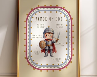 Armatura di Dio, decorazione murale per la cameretta dei ragazzi cristiani, poster con versetto biblico di Efesini 6, download digitale.