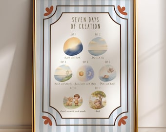 Sette giorni della creazione - Decorazione murale per cameretta cristiana per bambini, poster educativo sulla storia biblica della Genesi, download digitale.