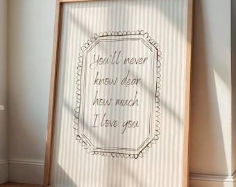 Non saprai mai quanto ti amo, stampa murale per la cameretta dei bambini con citazione a righe beige (download digitale)