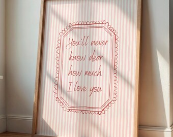 Non saprai mai quanto ti amo, stampa murale per la cameretta dei bambini con citazione a righe rosa (download digitale)