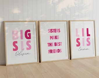 Decorazioni per la cameretta delle sorelle, tema rosa – Stampe con nome della sorella maggiore e della sorellina (download digitale)